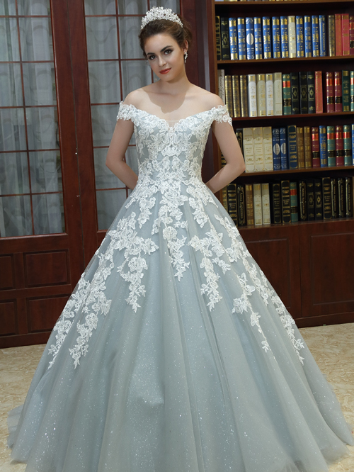 Platinum colored wedding dress by Victoria's bridal 8345