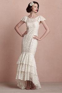 Ivory lace vintage wedding dress with up down hem