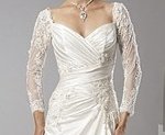 Long three quarter sleeve wedding gown for mature bride