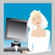Bride doing a search computer to purchase a bridal gown.
