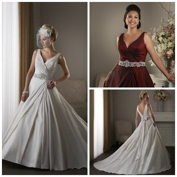 Three pictures of V-neck a-line wedding dresses