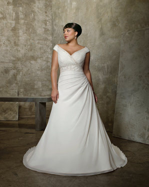 Off the shoulder ivory plus size wedding dress a-line shaping